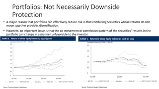 Portfolios: Not Necessarily Downside
Protection
• A major reason that portfolios can effectively reduce risk is that combining securities whose returns do not
move together provides diversification.
• However, an important issue is that the co-movement or correlation pattern of the securities’ returns in the
portfolio can change in a manner unfavorable to the investor.
 