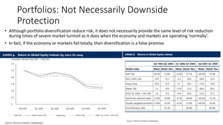 Portfolios: Not Necessarily Downside
Protection
• Although portfolio diversification reduce risk, it does not necessarily provide the same level of risk reduction
during times of severe market turmoil as it does when the economy and markets are operating ‘normally’.
• In fact, if the economy or markets fail totally, then diversification is a false promise.
 