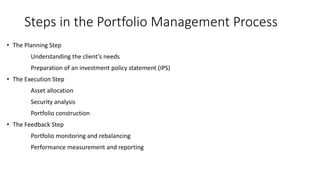 Steps in the Portfolio Management Process
• The Planning Step
Understanding the client’s needs
Preparation of an investment policy statement (IPS)
• The Execution Step
Asset allocation
Security analysis
Portfolio construction
• The Feedback Step
Portfolio monitoring and rebalancing
Performance measurement and reporting
 