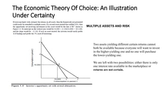 The Economic Theory Of Choice: An Illustration
Under Certainty
Two assets yielding different certain returns cannot
both be available because everyone will want to invest
in the higher-yielding one and no one will purchase
the lower-yielding one.
We are left with two possibilities: either there is only
one interest rate available in the marketplace or
returns are not certain.
MULTIPLE ASSETS AND RISK
 