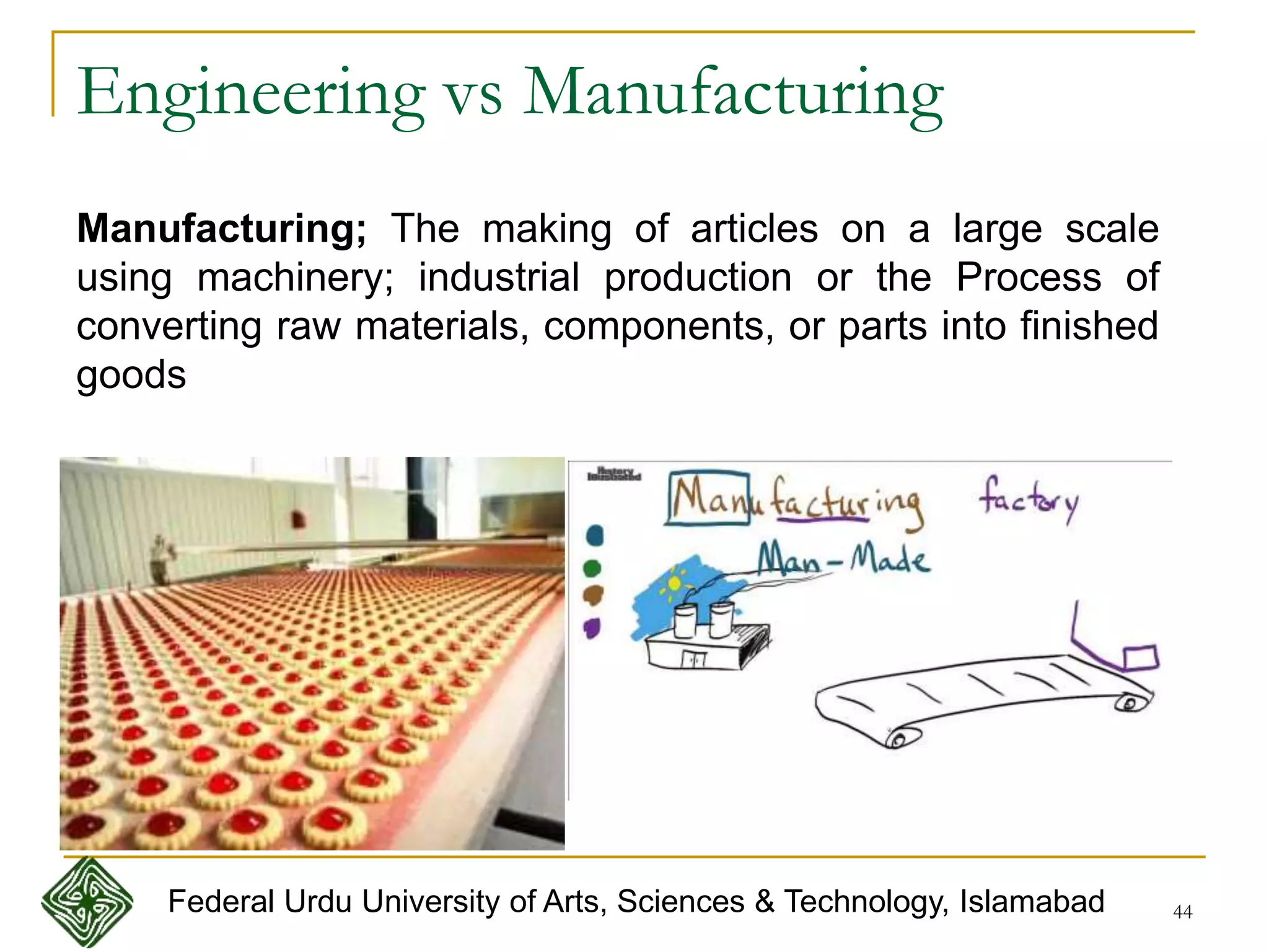 Engineering vs Manufacturing
44
Manufacturing; The making of articles on a large scale
using machinery; industrial production or the Process of
converting raw materials, components, or parts into finished
goods
Federal Urdu University of Arts, Sciences & Technology, Islamabad
 