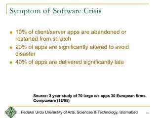 16
Symptom of Software Crisis
 10% of client/server apps are abandoned or
restarted from scratch
 20% of apps are significantly altered to avoid
disaster
 40% of apps are delivered significantly late
Source: 3 year study of 70 large c/s apps 30 European firms.
Compuware (12/95)
Federal Urdu University of Arts, Sciences & Technology, Islamabad
 