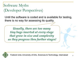 23
Until the software is coded and is available for testing,
there is no way for assessing its quality.
Usually, there are too many
tiny bugs inserted at every stage
that grow in size and complexity
as they progress thru further stages!
Software Myths
(Developer Perspectives)
Federal Urdu University of Arts, Sciences & Technology, Islamabad
 