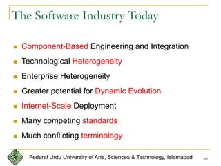 69
The Software Industry Today
 Component-Based Engineering and Integration
 Technological Heterogeneity
 Enterprise Heterogeneity
 Greater potential for Dynamic Evolution
 Internet-Scale Deployment
 Many competing standards
 Much conflicting terminology
Federal Urdu University of Arts, Sciences & Technology, Islamabad
 