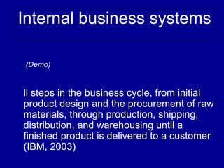 Internal business systems

 (Demo)


ll steps in the business cycle, from initial
product design and the procurement of raw
materials, through production, shipping,
distribution, and warehousing until a
finished product is delivered to a customer
(IBM, 2003)
 