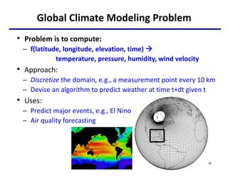 Global Climate Modeling Problem
• Problem is to compute:
– f(latitude, longitude, elevation, time) à
temperature, pressure, humidity, wind velocity
• Approach:
– Discretize the domain, e.g., a measurement point every 10 km
– Devise an algorithm to predict weather at time t+dt given t
• Uses:
– Predict major events, e.g., El Nino
– Air quality forecasting
28
 