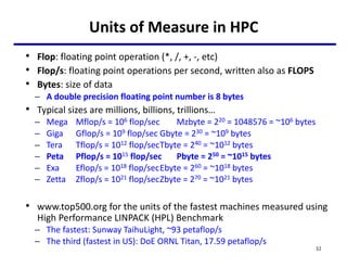 Units of Measure in HPC
• Flop: floating point operation (*, /, +, -, etc)
• Flop/s: floating point operations per second, written also as FLOPS
• Bytes: size of data
– A double precision floating point number is 8 bytes
• Typical sizes are millions, billions, trillions…
– Mega Mflop/s = 106 flop/sec Mzbyte = 220 = 1048576 = ~106 bytes
– Giga Gflop/s = 109 flop/sec Gbyte = 230 = ~109 bytes
– Tera Tflop/s = 1012 flop/secTbyte = 240 = ~1012 bytes
– Peta Pflop/s = 1015 flop/sec Pbyte = 250 = ~1015 bytes
– Exa Eflop/s = 1018 flop/secEbyte = 260 = ~1018 bytes
– Zetta Zflop/s = 1021 flop/secZbyte = 270 = ~1021 bytes
• www.top500.org for the units of the fastest machines measured using
High Performance LINPACK (HPL) Benchmark
– The fastest: Sunway TaihuLight, ~93 petaflop/s
– The third (fastest in US): DoE ORNL Titan, 17.59 petaflop/s
32
 