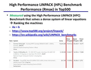 High Performance LINPACK (HPL) Benchmark
Performance (Rmax) in Top500
• Measured using the High Performance LINPACK (HPC)
Benchmark that solves a dense system of linear equations
à Ranking the machines
– Ax = b
– https://www.top500.org/project/linpack/
– https://en.wikipedia.org/wiki/LINPACK_benchmarks
34
 