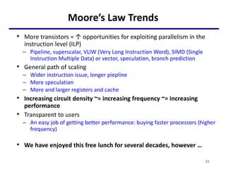 Moore’s Law Trends
• More transistors = ↑ opportunities for exploiting parallelism in the
instruction level (ILP)
– Pipeline, superscalar, VLIW (Very Long Instruction Word), SIMD (Single
Instruction Multiple Data) or vector, speculation, branch prediction
• General path of scaling
– Wider instruction issue, longer piepline
– More speculation
– More and larger registers and cache
• Increasing circuit density ~= increasing frequency ~= increasing
performance
• Transparent to users
– An easy job of getting better performance: buying faster processors (higher
frequency)
• We have enjoyed this free lunch for several decades, however …
51
 