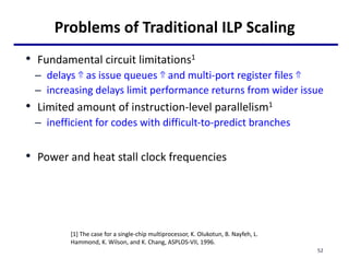 Problems of Traditional ILP Scaling
• Fundamental circuit limitations1
– delays ⇑ as issue queues ⇑ and multi-port register files ⇑
– increasing delays limit performance returns from wider issue
• Limited amount of instruction-level parallelism1
– inefficient for codes with difficult-to-predict branches
• Power and heat stall clock frequencies
52
[1] The case for a single-chip multiprocessor, K. Olukotun, B. Nayfeh, L.
Hammond, K. Wilson, and K. Chang, ASPLOS-VII, 1996.
 