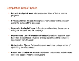Compilation Steps/Phases
• Lexical Analysis Phase: Generates the “tokens” in the source
program
• Syntax Analysis Phase: R...