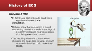 History of ECG
Galvani,1790
▪In 1790 Luigi Galvani made dead frog’s
legs dance by electrical
stimulation.
▪Galvani knew that completing a circuit
connecting dissimilar metals to the legs of
a recently deceased frog would create
stimulating electrical current.
▪The resulting electrical current would
stimulate the frog’s legs to jump, and with
repeated stimuli he could make them
dance.
 