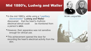 Mid 1880’s, Ludwig and Waller
▪In the mid 1880’s, while using a “capillary
electrometer” Ludwig and Waller
discovered that the heart’s rhythmic
electrical stimuli could be monitored from
a person’s skin.
▪However, their apparatus was not sensitive
enough for clinical use.
▪This achievement opened the door for
recording the heart’s electrical activity from the
skin.
 