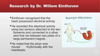Research by Dr. Willem Einthoven
▪Einthoven recognized that the
heart possessed electrical activity.
▪He recorded this electrical activity
using two sensors attached to the two
forearms and connected to a silver
wire that ran between two poles of a
large permanent magnet.
▪He noted that the silver wire
moved rhythmically with the
heartbeats.
 