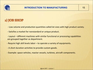 INTRODUCTION TO MANUFACTURING                                   15




 - Low volume and production quantities called lot ...