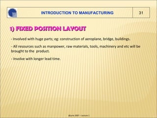 INTRODUCTION TO MANUFACTURING                                31



1) FIXED POSITION LAYOUT
- Involved with huge parts; eg...