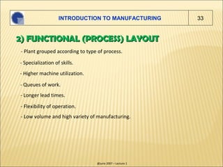 INTRODUCTION TO MANUFACTURING           33


2) FUNCTIONAL (PROCESS) LAYOUT
- Plant grouped according to type of process.
...