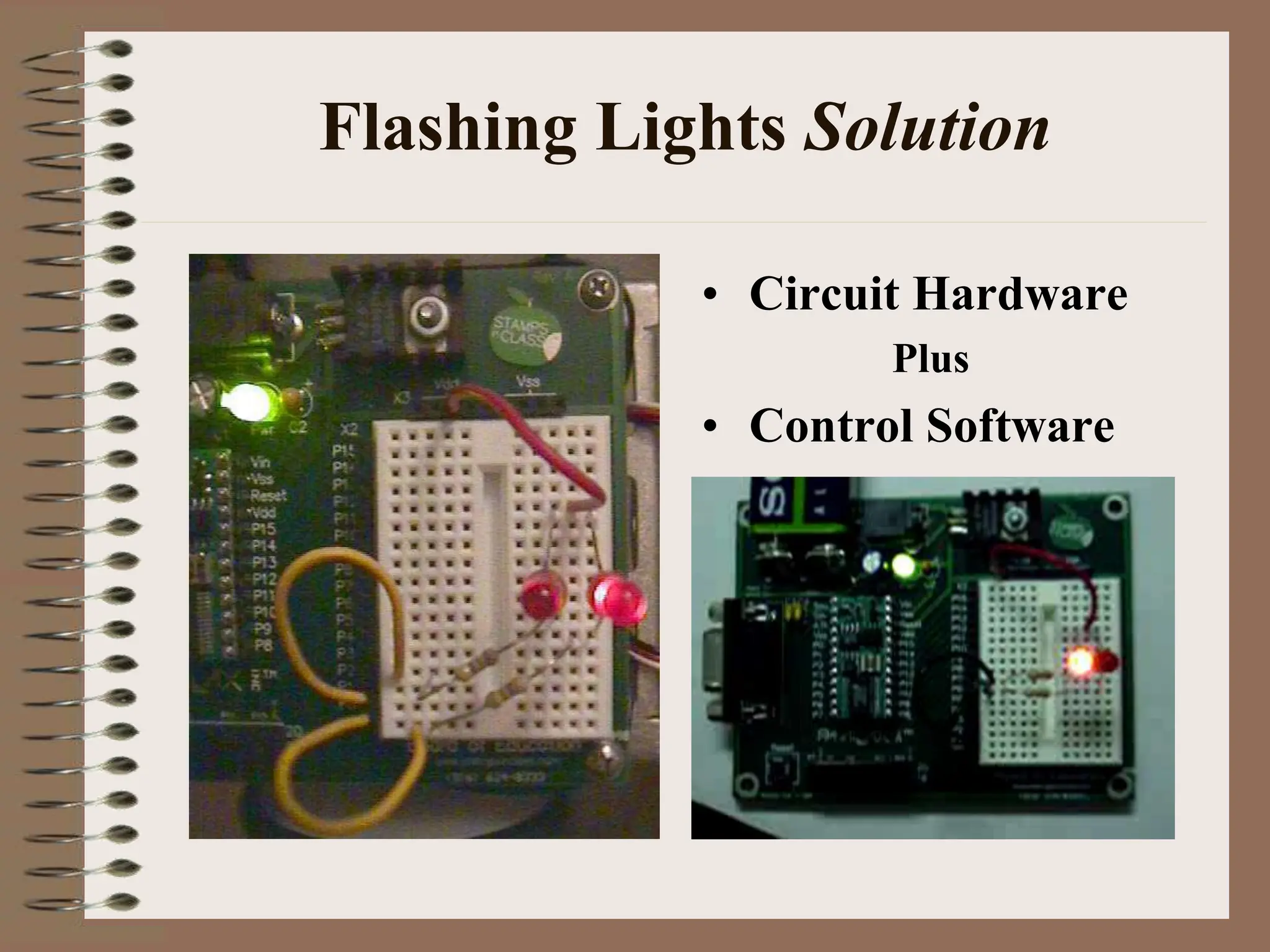 Flashing Lights Solution
• Circuit Hardware
Plus
• Control Software
 