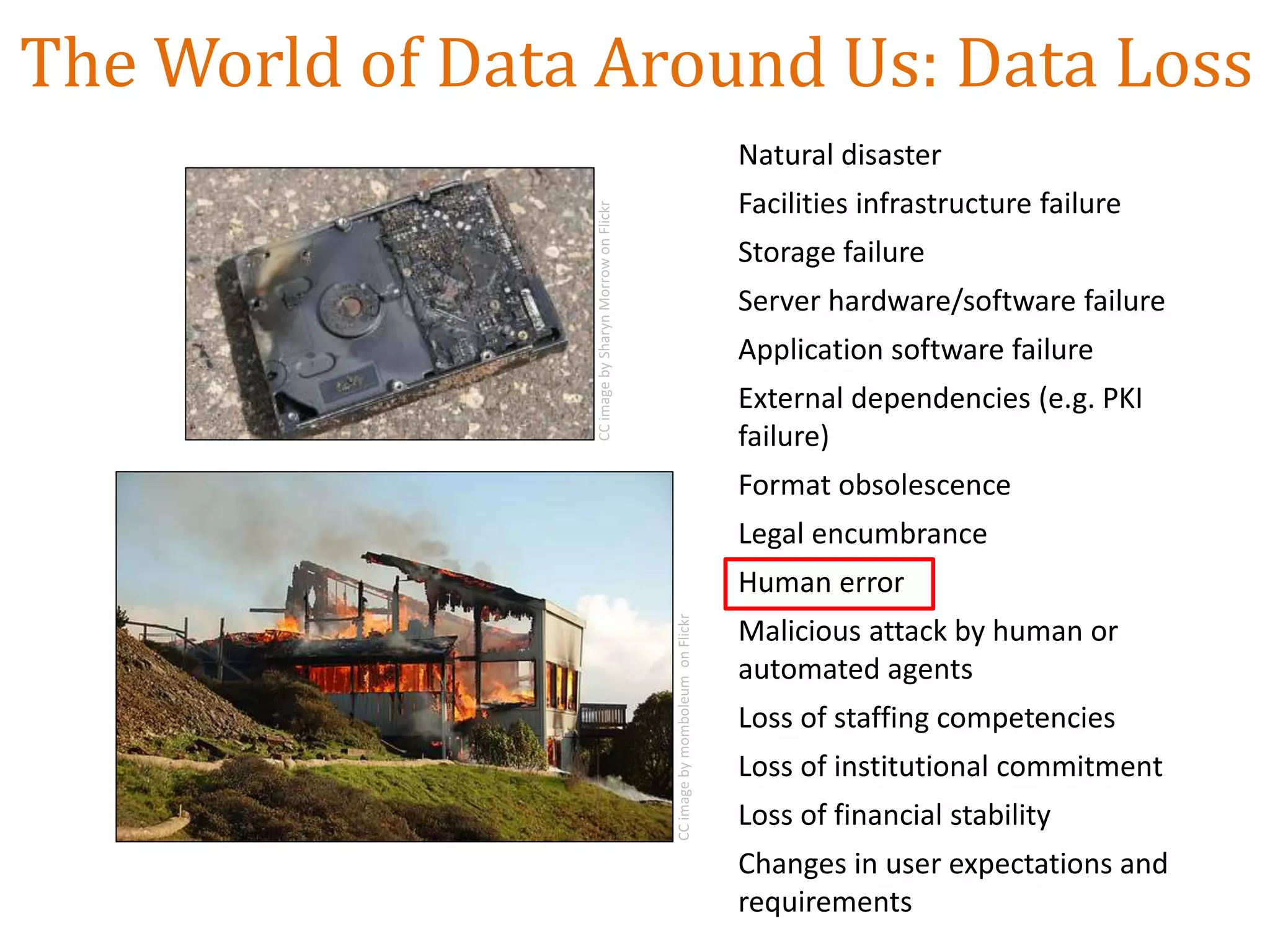 Natural disaster
Facilities infrastructure failure
Storage failure
Server hardware/software failure
Application software failure
External dependencies (e.g. PKI
failure)
Format obsolescence
Legal encumbrance
Human error
Malicious attack by human or
automated agents
Loss of staffing competencies
Loss of institutional commitment
Loss of financial stability
Changes in user expectations and
requirements
The World of Data Around Us: Data Loss
CCimagebySharynMorrowonFlickr
CCimagebymomboleumonFlickr
 