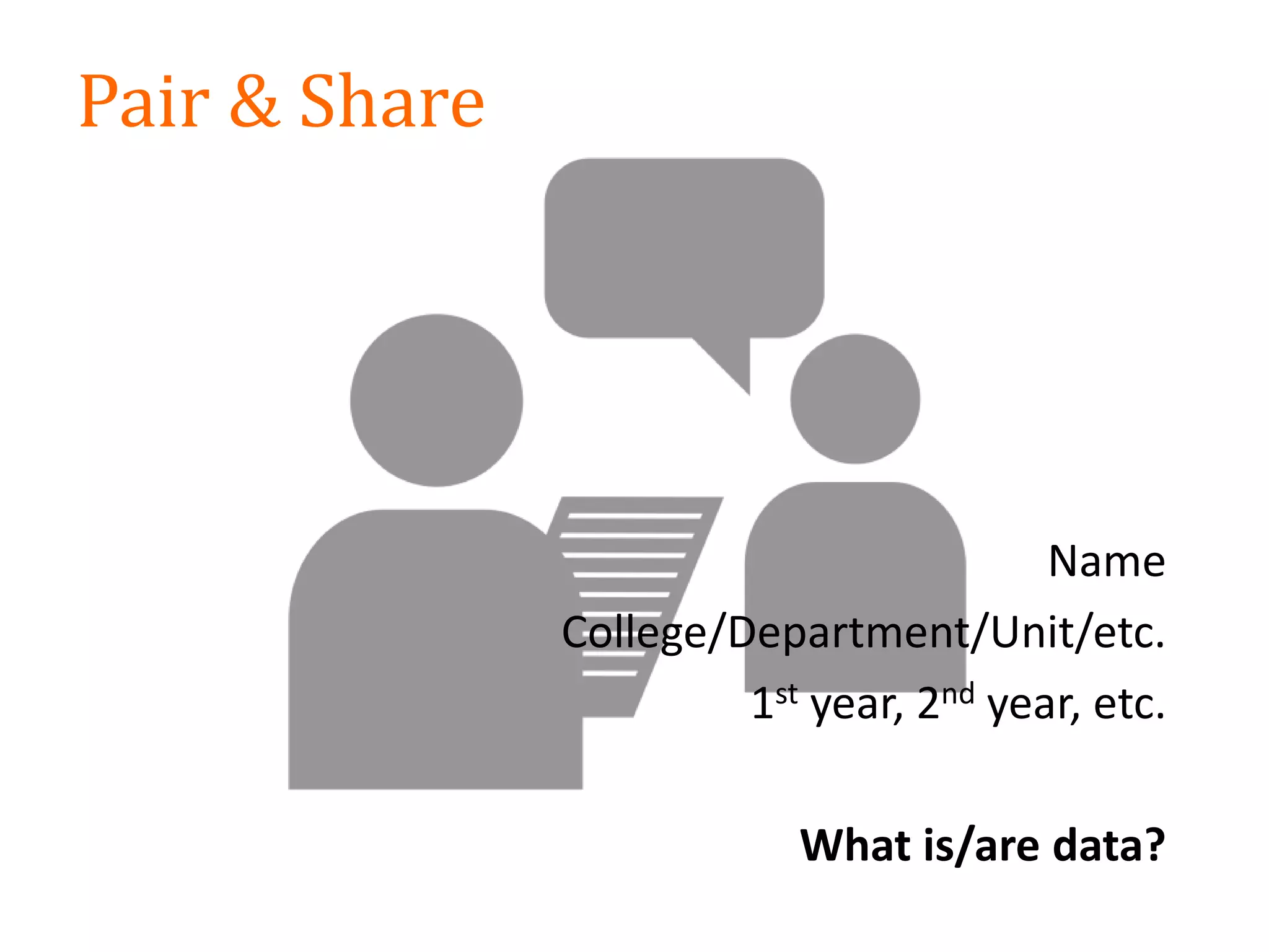 Pair & Share
Name
College/Department/Unit/etc.
1st year, 2nd year, etc.
What is/are data?
 