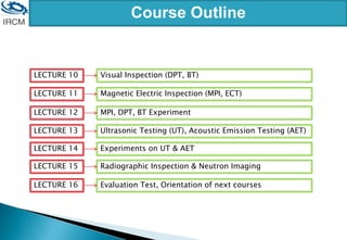 Course Outline
LECTURE 10 Visual Inspection (DPT, BT)
LECTURE 11 Magnetic Electric Inspection (MPI, ECT)
LECTURE 12 MPI, DPT, BT Experiment
LECTURE 13 Ultrasonic Testing (UT), Acoustic Emission Testing (AET)
LECTURE 14 Experiments on UT & AET
LECTURE 15 Radiographic Inspection & Neutron Imaging
LECTURE 16 Evaluation Test, Orientation of next courses
 