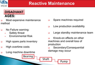 Reactive Maintenance
 Most expensive maintenance
method
 No Failure warning:
 Safety threat
 Environmental Risk
 High spare parts inventory
 High overtime costs
 Long machine downtime
 Spare machines required
 Low production availability
 Large standby maintenance team
 Knock-on effects on other
machines and overall loss of
production
 Secondary/Consequential
damage may occur
DISADVANT
AGES:
Bearing
Shaft
Pump
 