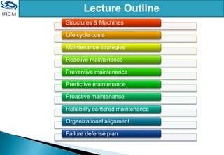 Lecture Outline
Structures & Machines
Life cycle costs
Maintenance strategies
Reactive maintenance
Preventive maintenance
Predictive maintenance
Proactive maintenance
Reliability centered maintenance
Organizational alignment
Failure defense plan
 