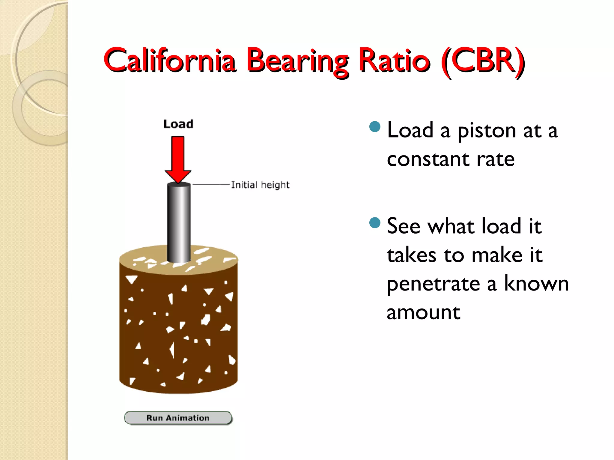 California Bearing Ratio (CBR)California Bearing Ratio (CBR)
Load a piston at a
constant rate
See what load it
takes to make it
penetrate a known
amount
 