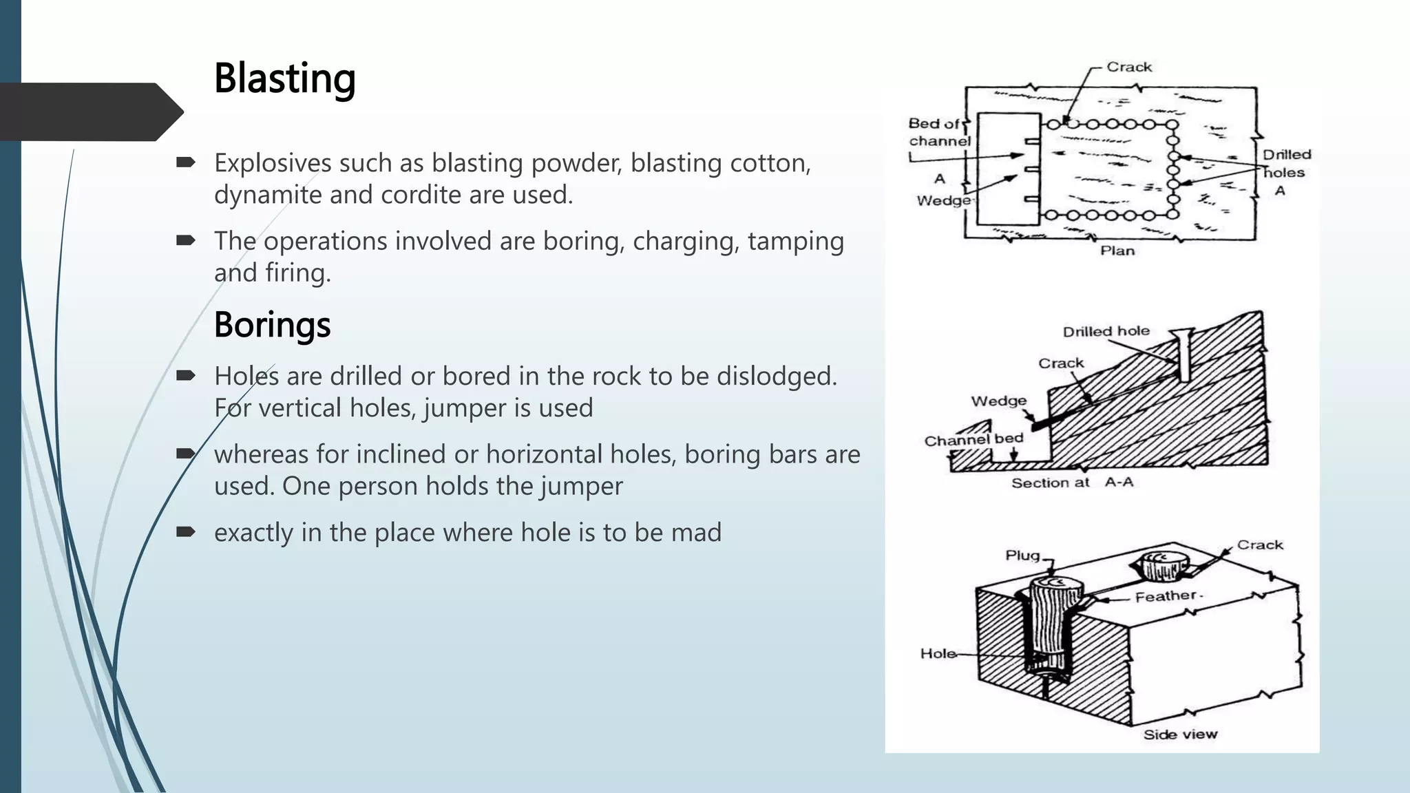 Blasting
 Explosives such as blasting powder, blasting cotton,
dynamite and cordite are used.
 The operations involved are boring, charging, tamping
and firing.
Borings
 Holes are drilled or bored in the rock to be dislodged.
For vertical holes, jumper is used
 whereas for inclined or horizontal holes, boring bars are
used. One person holds the jumper
 exactly in the place where hole is to be mad
 