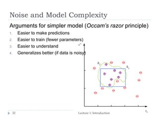 Noise and Model Complexity
Lecture 1: Introduction32
Arguments for simpler model (Occam’s razor principle)
1. Easier to make predictions
2. Easier to train (fewer parameters)
3. Easier to understand
4. Generalizes better (if data is noisy)
 