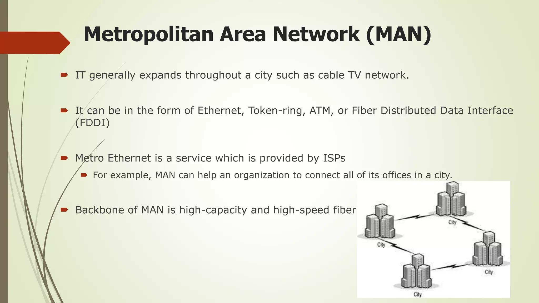 Metropolitan Area Network (MAN)
 IT generally expands throughout a city such as cable TV network.
 It can be in the form of Ethernet, Token-ring, ATM, or Fiber Distributed Data Interface
(FDDI)
 Metro Ethernet is a service which is provided by ISPs
 For example, MAN can help an organization to connect all of its offices in a city.
 Backbone of MAN is high-capacity and high-speed fiber optics
 