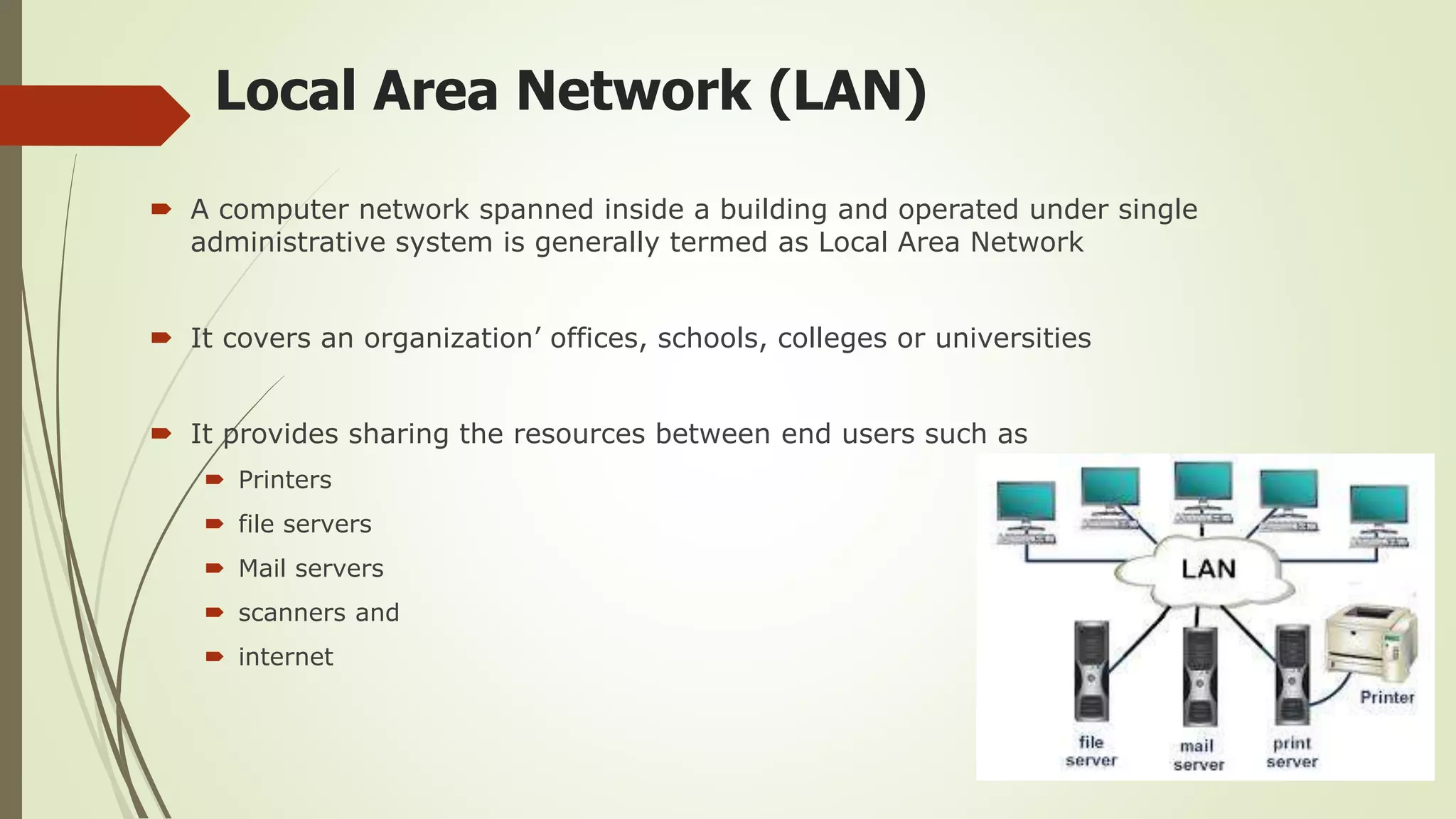 Local Area Network (LAN)
 A computer network spanned inside a building and operated under single
administrative system is generally termed as Local Area Network
 It covers an organization’ offices, schools, colleges or universities
 It provides sharing the resources between end users such as
 Printers
 file servers
 Mail servers
 scanners and
 internet
 
