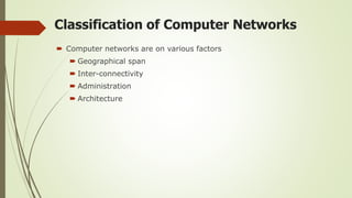 Classification of Computer Networks
 Computer networks are on various factors
 Geographical span
 Inter-connectivity
 Administration
 Architecture
 