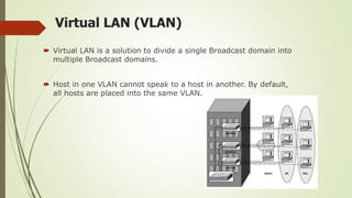Virtual LAN (VLAN)
 Virtual LAN is a solution to divide a single Broadcast domain into
multiple Broadcast domains.
 Host in one VLAN cannot speak to a host in another. By default,
all hosts are placed into the same VLAN.
 