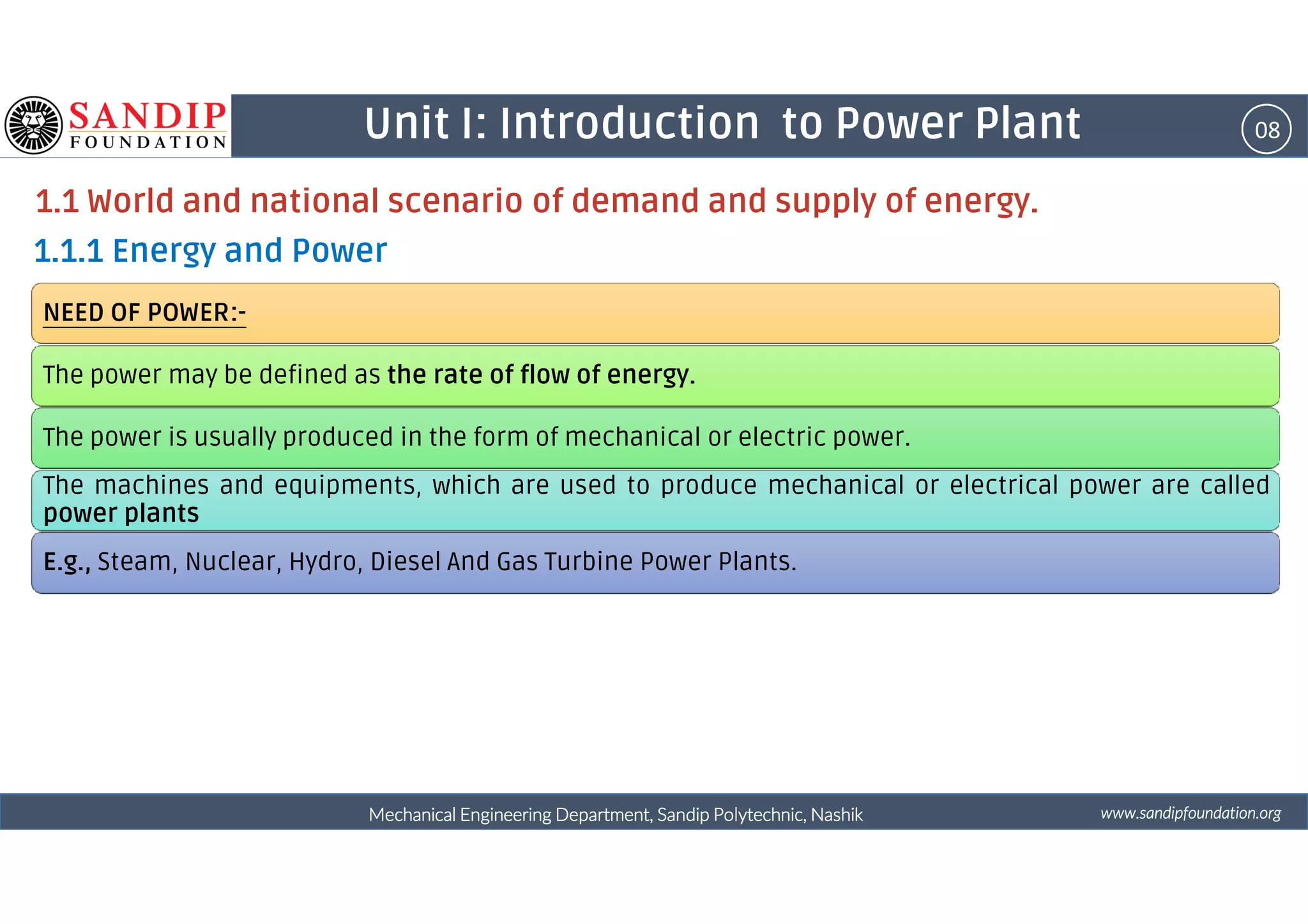 08Unit I: Introduction to Power Plant
1.1 World and national scenario of demand and supply of energy.
1.1.1 Energy and Power
NEED OF POWER:-
The power may be defined as the rate of flow of energy.
The power is usually produced in the form of mechanical or electric power.
wwwwwwwwwwww....ssssaaaannnnddddiiiippppffffoooouuuunnnnddddaaaattttiiiioooonnnn....oooorrrrggggMechanical Engineering Department, Sandip Polytechnic, NashikMechanical Engineering Department, Sandip Polytechnic, NashikMechanical Engineering Department, Sandip Polytechnic, NashikMechanical Engineering Department, Sandip Polytechnic, Nashik
The machines and equipments, which are used to produce mechanical or electrical power are called
power plants
E.g., Steam, Nuclear, Hydro, Diesel And Gas Turbine Power Plants.
 