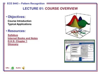 ECE 8443 – Pattern Recognition

                 LECTURE 01: COURSE OVERVIEW

• Objectives:
  Course Introduction
  Typical Applications

• Resources:
  Syllabus
  Internet Books and Notes
  D.H.S: Chapter 1
  Glossary




URL:    Audio:
 