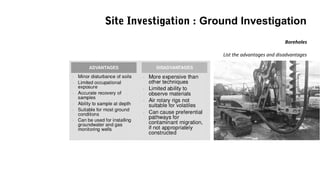 Boreholes
List the advantages and disadvantages
Site Investigation : Ground Investigation
 