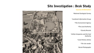 Sources of Information
•National Geological Survey
•Landmark Information Group
•The Environment Agency
•The Local Authority
•County Records
•Utility Companies and the Coal
Authority
•Local History Library
•The site vendor
•Aerial Photographs
Site Investigation : Desk Study
 