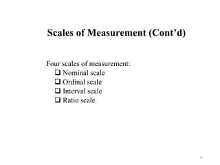 Scales of Measurement (Cont’d)
Four scales of measurement:
 Nominal scale
 Ordinal scale
 Interval scale
 Ratio scale
20
 