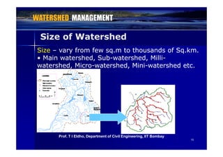 Size of Watershed
SizeSize –– vary from few sq.m to thousands of Sq.km.vary from few sq.m to thousands of Sq.km.
•• Main watershed, SubMain watershed, Sub--watershed, Milliwatershed, Milli--,, ,,
watershed, Microwatershed, Micro--watershed, Miniwatershed, Mini--watershed etc.watershed etc.
1515
Prof. T I Eldho, Department of Civil Engineering, IIT Bombay
 