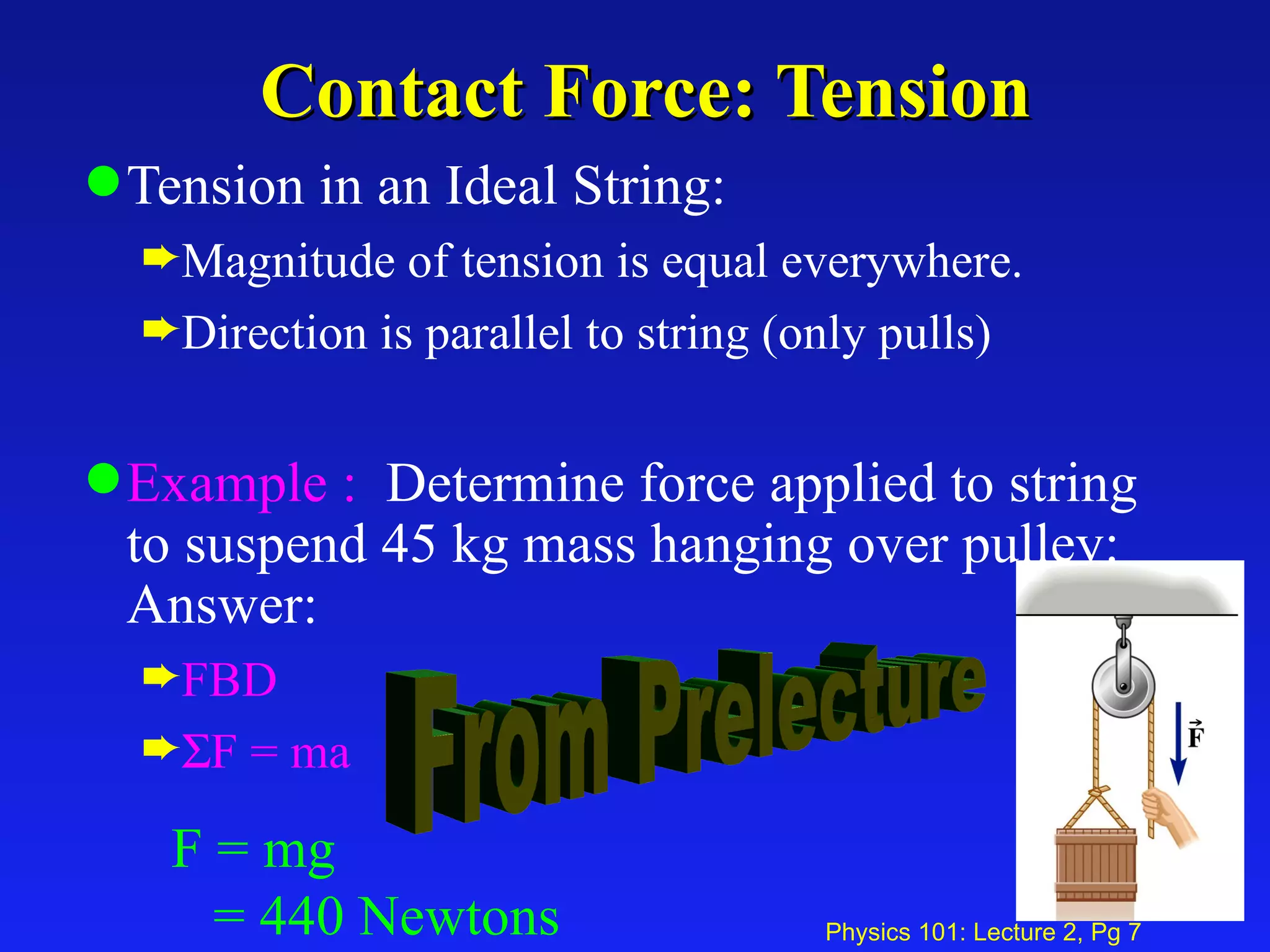 Contact Force: Tension Tension in an Ideal String:  Magnitude of tension is equal everywhere. Direction is parallel to string (only pulls) Example :   Determine force applied to string to suspend 45 kg mass hanging over pulley:  Answer:  FBD  F = ma F = mg = 440 Newtons From Prelecture 