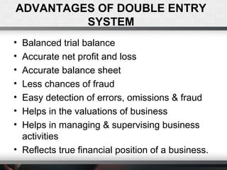 ADVANTAGES OF DOUBLE ENTRY
SYSTEM
• Balanced trial balance
• Accurate net profit and loss
• Accurate balance sheet
• Less chances of fraud
• Easy detection of errors, omissions & fraud
• Helps in the valuations of business
• Helps in managing & supervising business
activities
• Reflects true financial position of a business.
 