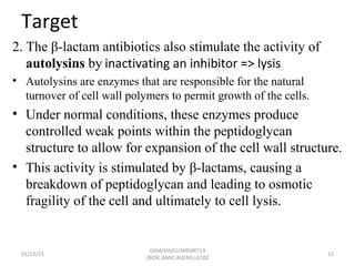 Target
2. The β-lactam antibiotics also stimulate the activity of
autolysins by inactivating an inhibitor => lysis
• Autolysins are enzymes that are responsible for the natural
turnover of cell wall polymers to permit growth of the cells.
• Under normal conditions, these enzymes produce
controlled weak points within the peptidoglycan
structure to allow for expansion of the cell wall structure.
• This activity is stimulated by β-lactams, causing a
breakdown of peptidoglycan and leading to osmotic
fragility of the cell and ultimately to cell lysis.
01/23/15 11
GKM/KISIIU/MBSM713
/BIOC.AMIC.AGENS.LEC02
 