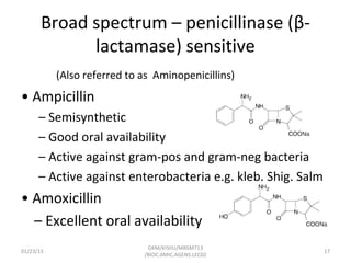 Broad spectrum – penicillinase (β-
lactamase) sensitive
(Also referred to as Aminopenicillins)
• Ampicillin
– Semisynthetic
– Good oral availability
– Active against gram-pos and gram-neg bacteria
– Active against enterobacteria e.g. kleb. Shig. Salm
• Amoxicillin
– Excellent oral availability
01/23/15 17
GKM/KISIIU/MBSM713
/BIOC.AMIC.AGENS.LEC02
 