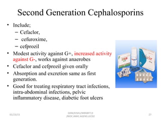Second Generation Cephalosporins
• Include;
– Cefaclor,
– cefuroxime,
– cefprozil
• Modest activity against G+, increased activity
against G-, works against anaerobes
• Cefaclor and cefprozil given orally
• Absorption and excretion same as first
generation.
• Good for treating respiratory tract infections,
intra-abdominal infections, pelvic
inflammatory disease, diabetic foot ulcers
01/23/15 27
GKM/KISIIU/MBSM713
/BIOC.AMIC.AGENS.LEC02
 