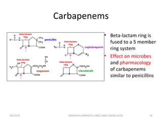Carbapenems
• Beta-lactam ring is
fused to a 5 member
ring system
• Effect on microbes
and pharmacology
of carbapenems
similar to penicillins
01/23/15 34GKM/KISIIU/MBSM713 /BIOC.AMIC.AGENS.LEC02
 