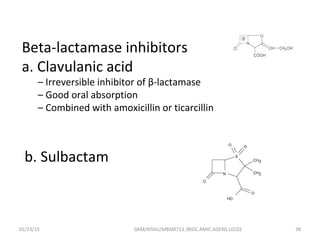 Beta-lactamase inhibitors
a. Clavulanic acid
– Irreversible inhibitor of β-lactamase
– Good oral absorption
– Combined with amoxicillin or ticarcillin
b. Sulbactam
01/23/15 38GKM/KISIIU/MBSM713 /BIOC.AMIC.AGENS.LEC02
 