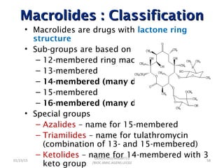 Macrolides : ClassificationMacrolides : Classification
• Macrolides are drugs with lactone ring
structure
• Sub-groups are based on no. of ring atom
– 12-membered ring macrolides
– 13-membered
– 14-membered (many drugs)
– 15-membered
– 16-membered (many drugs)
• Special groups
– Azalides – name for 15-membered
– Triamilides – name for tulathromycin
(combination of 13- and 15-membered)
– Ketolides – name for 14-membered with 3
keto group
01/23/15 58
GKM/KISIIU/MBSM713
/BIOC.AMIC.AGENS.LEC02
 