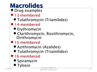 MacrolidesMacrolides
Drug examples
13-membered
Tulathromycin (Triamilides)
14-membered
Erythromycin
Clarithromycin, Roxithromycin,
Dirithromycin
15-membered
Azithromycin (Azalides)
Tulathromycin (Triamilides)
16-membered
Spiramycin
Tylosin
01/23/15 59
GKM/KISIIU/MBSM713
/BIOC.AMIC.AGENS.LEC02
 