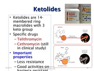 KetolidesKetolides
• Ketolides are 14-
membered ring
macrolides with 3
keto group
• Specific drugs
– Telithromycin
– Cethromycin (still
in clinical study)
• Important
properties
– Less resistance
– Good activities on01/23/15 66
GKM/KISIIU/MBSM713
/BIOC.AMIC.AGENS.LEC02
 